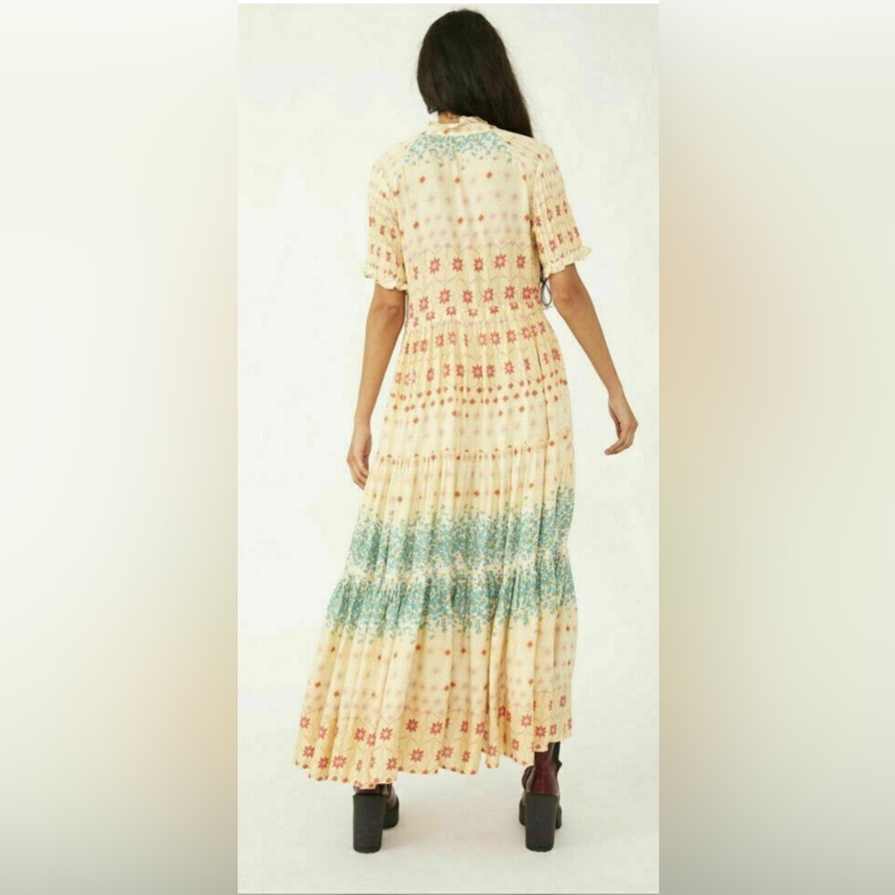 Free People Cream Yellow Floral Maxi Dress with Teal Bands - Picture 3 of 7